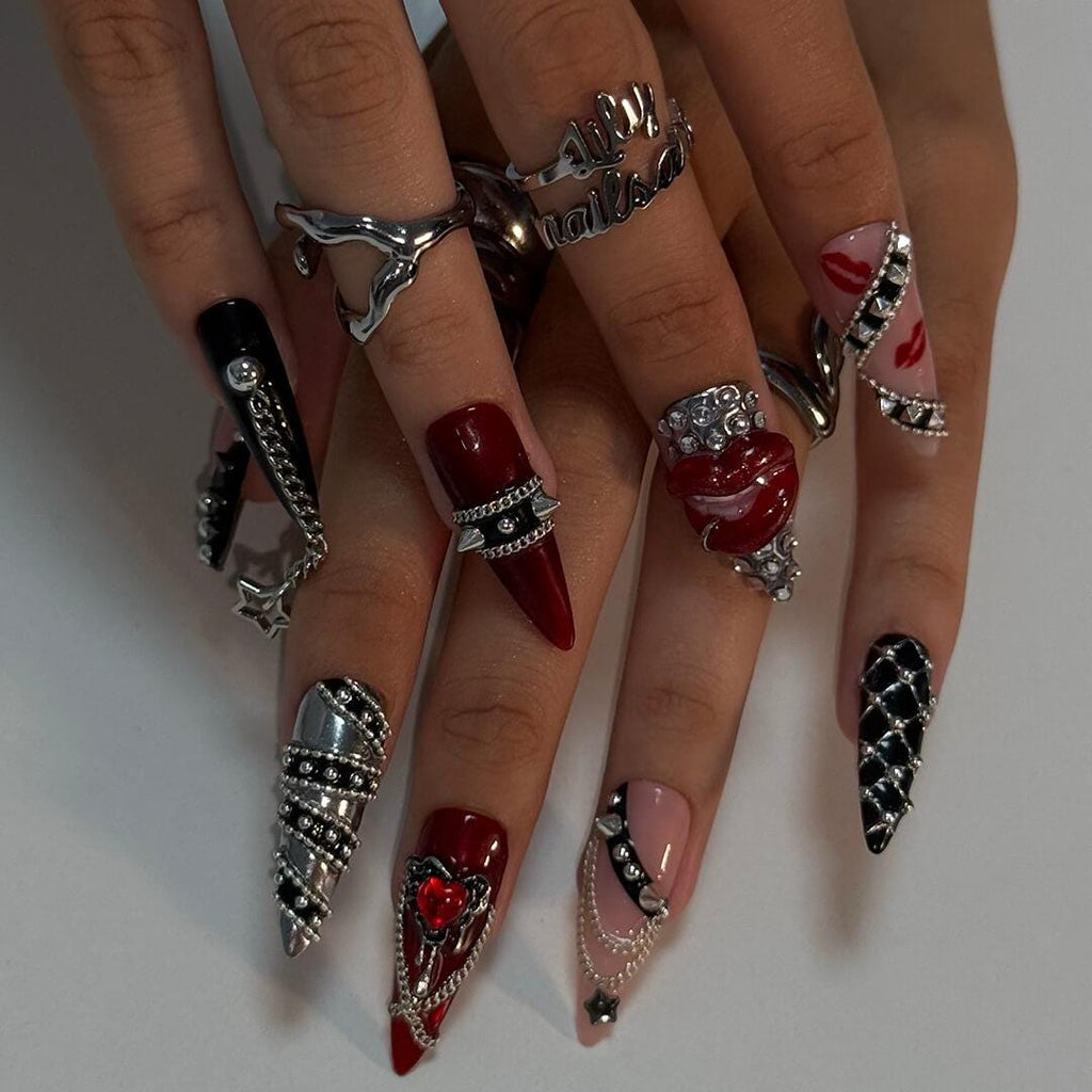 Halloween Gothic Press On Nails With Chains, Lips & Studs | Long Almond Fake Nails | Spooky Handmade 3D Nail Art for Parties, Costumes