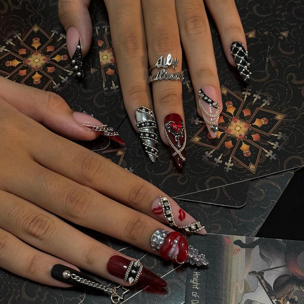 Halloween Gothic Press On Nails With Chains, Lips & Studs | Long Almond Fake Nails | Spooky Handmade 3D Nail Art for Parties, Costumes