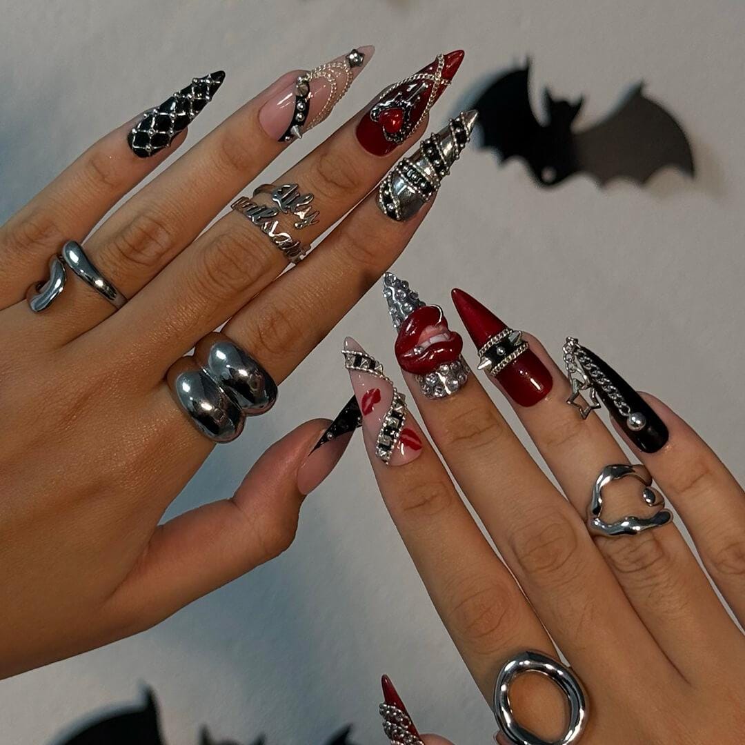 Halloween Gothic Press On Nails With Chains, Lips & Studs | Long Almond Fake Nails | Spooky Handmade 3D Nail Art for Parties, Costumes