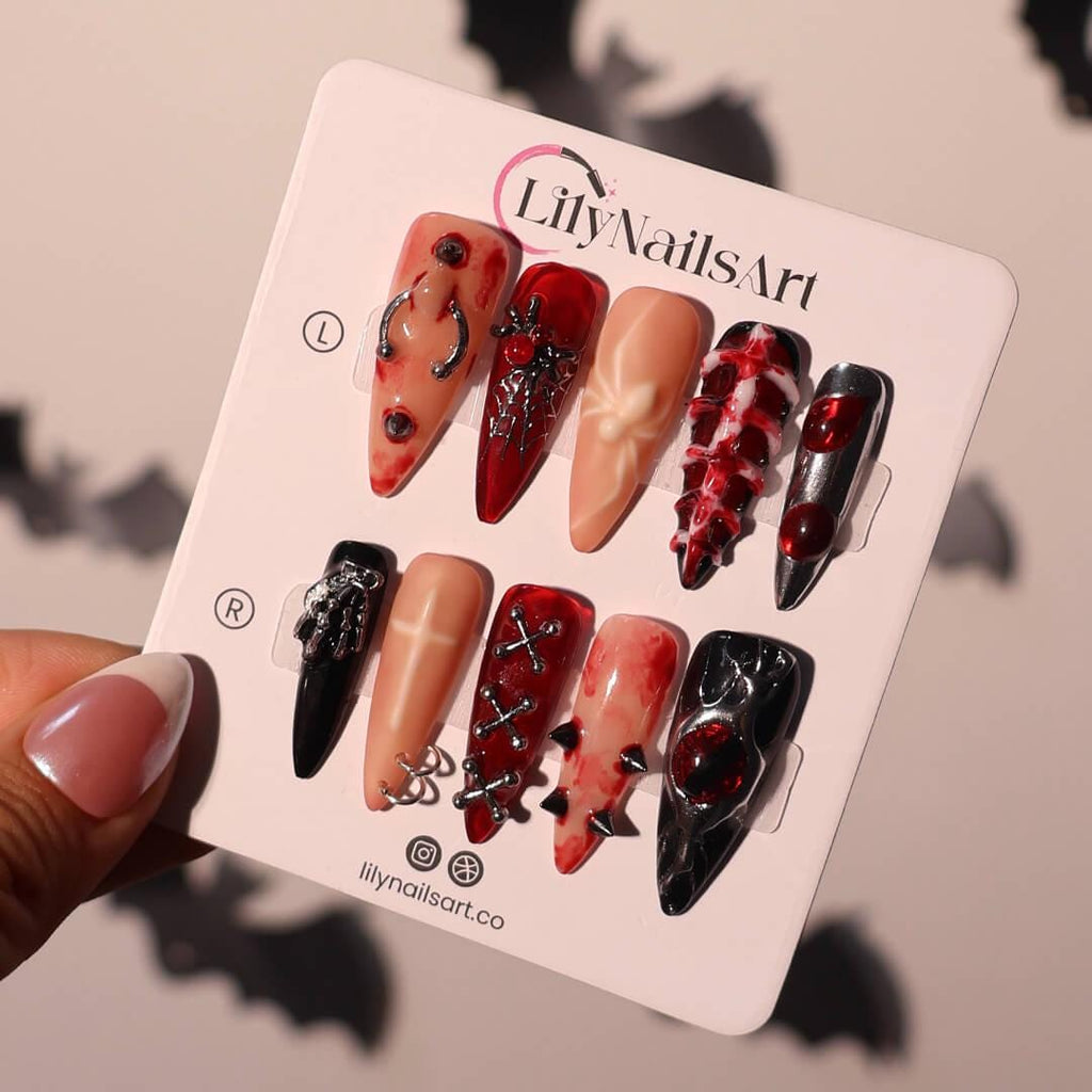 Halloween Gothic Press On Nails With Spider Web, Cross, Spike | Long Almond Fake Nails | Creepy Handmade 3D Nail Art for Parties, Costumes