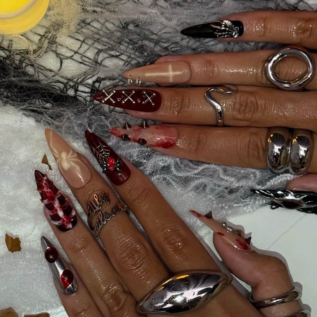 Halloween Gothic Press On Nails With Spider Web, Cross, Spike | Long Almond Fake Nails | Creepy Handmade 3D Nail Art for Parties, Costumes
