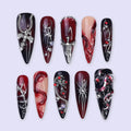 Halloween Gothic Press On Nails With Cross, Spider And Chains | Long Almond Fake Nails in Red & Black | Spooky Handmade 3D Nail Art