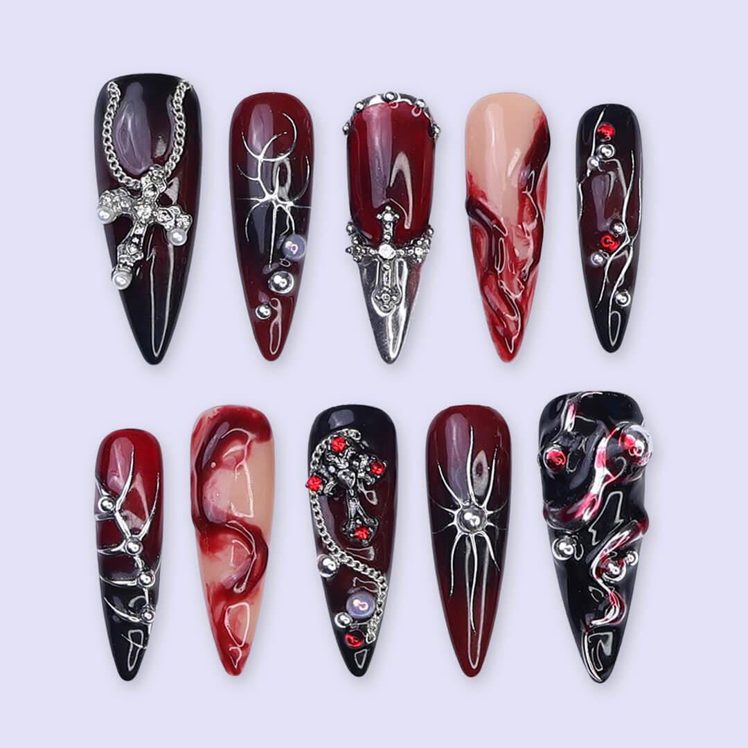 Halloween Gothic Press On Nails With Cross, Spider And Chains | Long Almond Fake Nails in Red & Black | Spooky Handmade 3D Nail Art