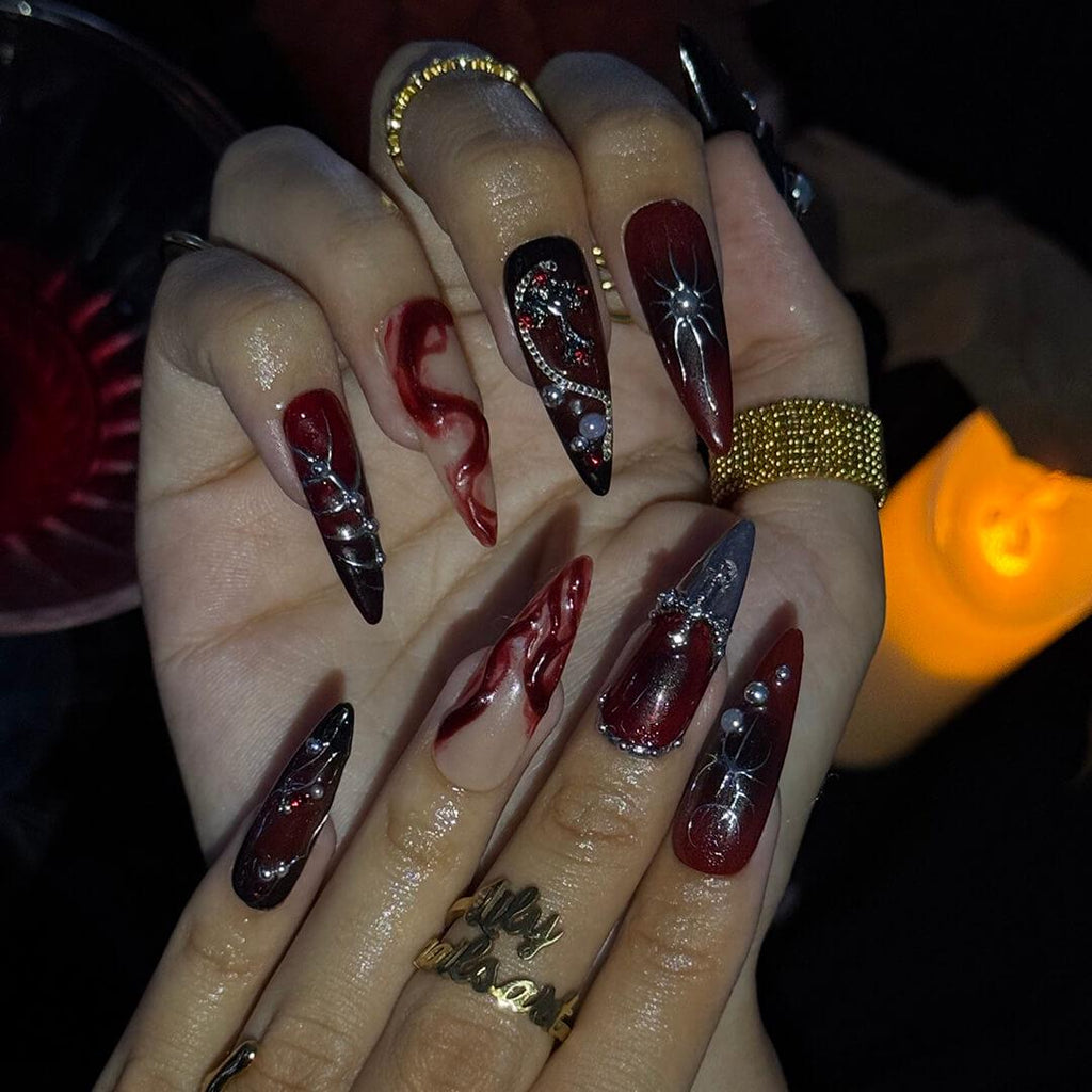 Halloween Gothic Press On Nails With Cross, Spider And Chains | Long Almond Fake Nails in Red & Black | Spooky Handmade 3D Nail Art