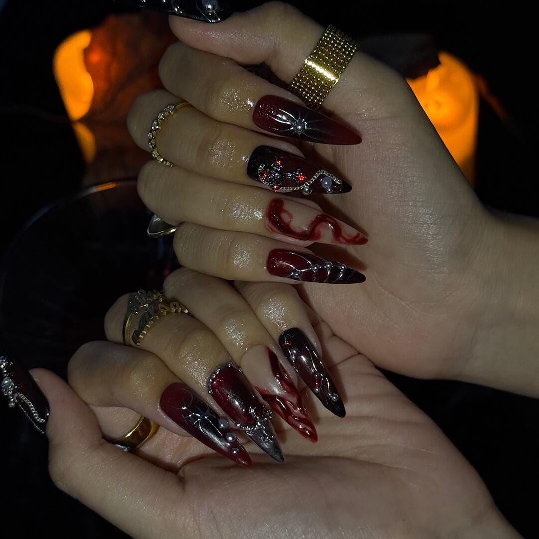 Halloween Gothic Press On Nails With Cross, Spider And Chains | Long Almond Fake Nails in Red & Black | Spooky Handmade 3D Nail Art