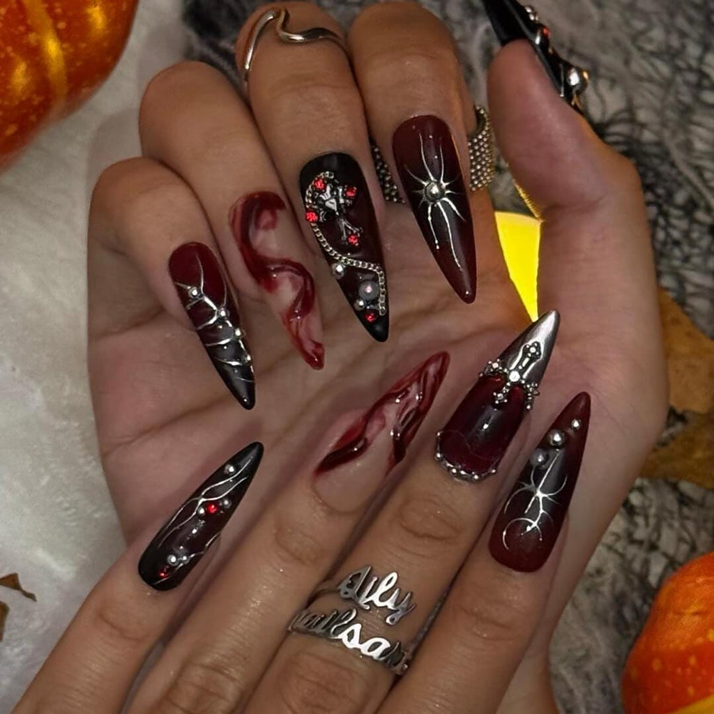 Halloween Gothic Press On Nails With Cross, Spider And Chains | Long Almond Fake Nails in Red & Black | Spooky Handmade 3D Nail Art