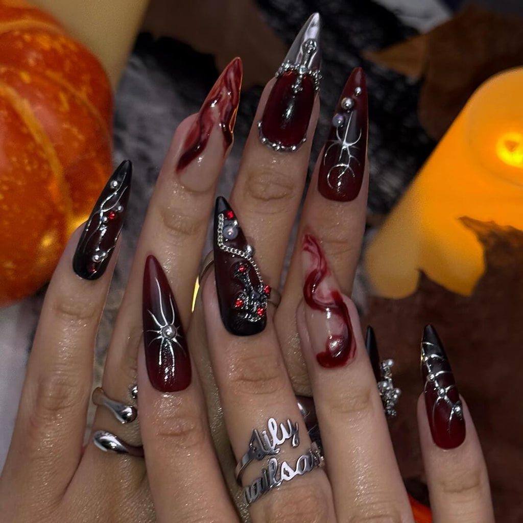 Halloween Gothic Press On Nails With Cross, Spider And Chains | Long Almond Fake Nails in Red & Black | Spooky Handmade 3D Nail Art