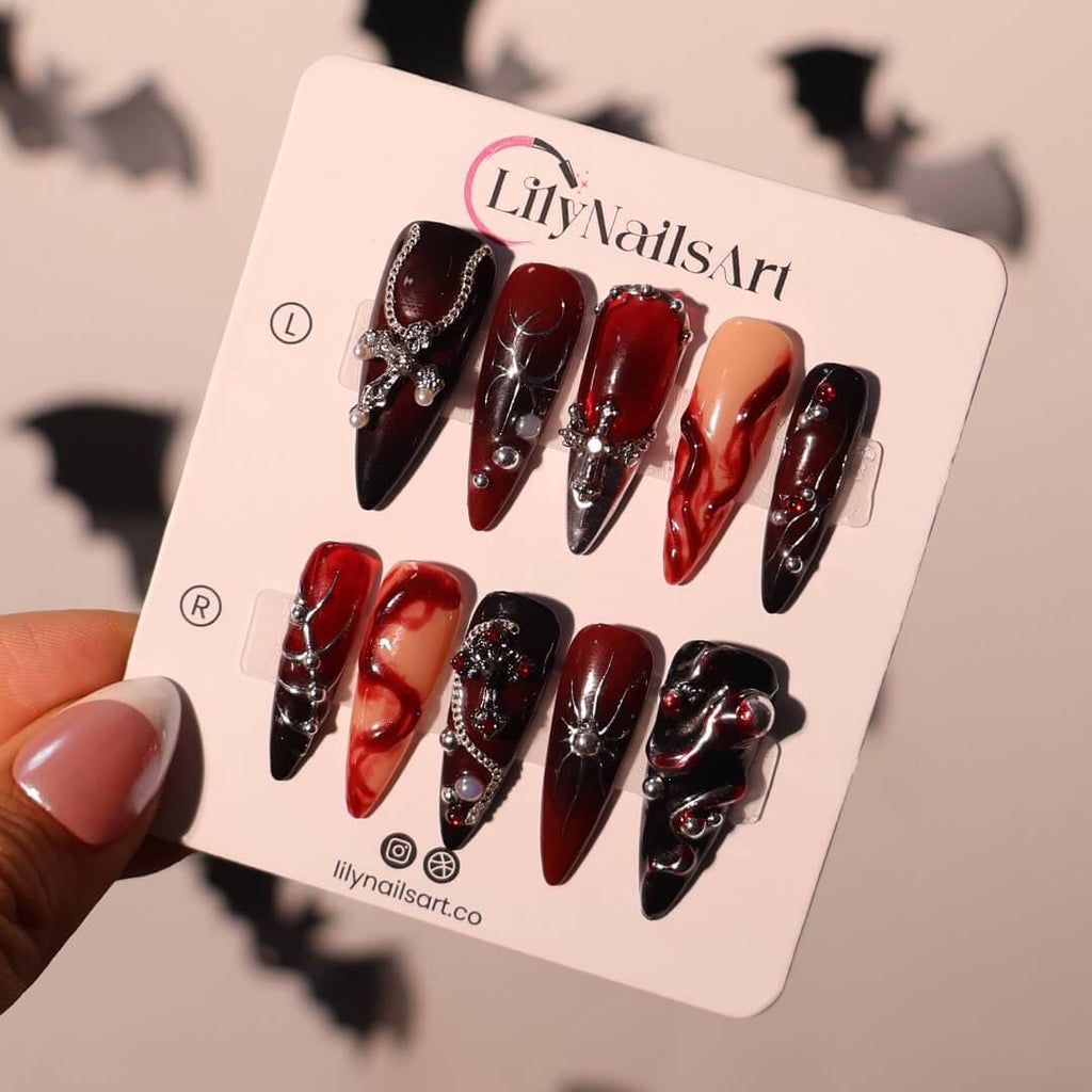 Halloween Gothic Press On Nails With Cross, Spider And Chains | Long Almond Fake Nails in Red & Black | Spooky Handmade 3D Nail Art