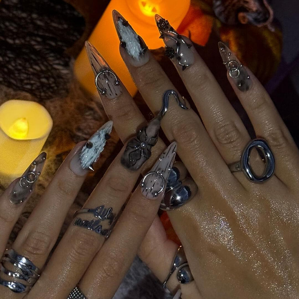 Halloween Gothic Press On Nails With Black Roses And Spikes | Long Almond Fake Nails in Gray & Silver | Spooky Handmade 3D Nail Art