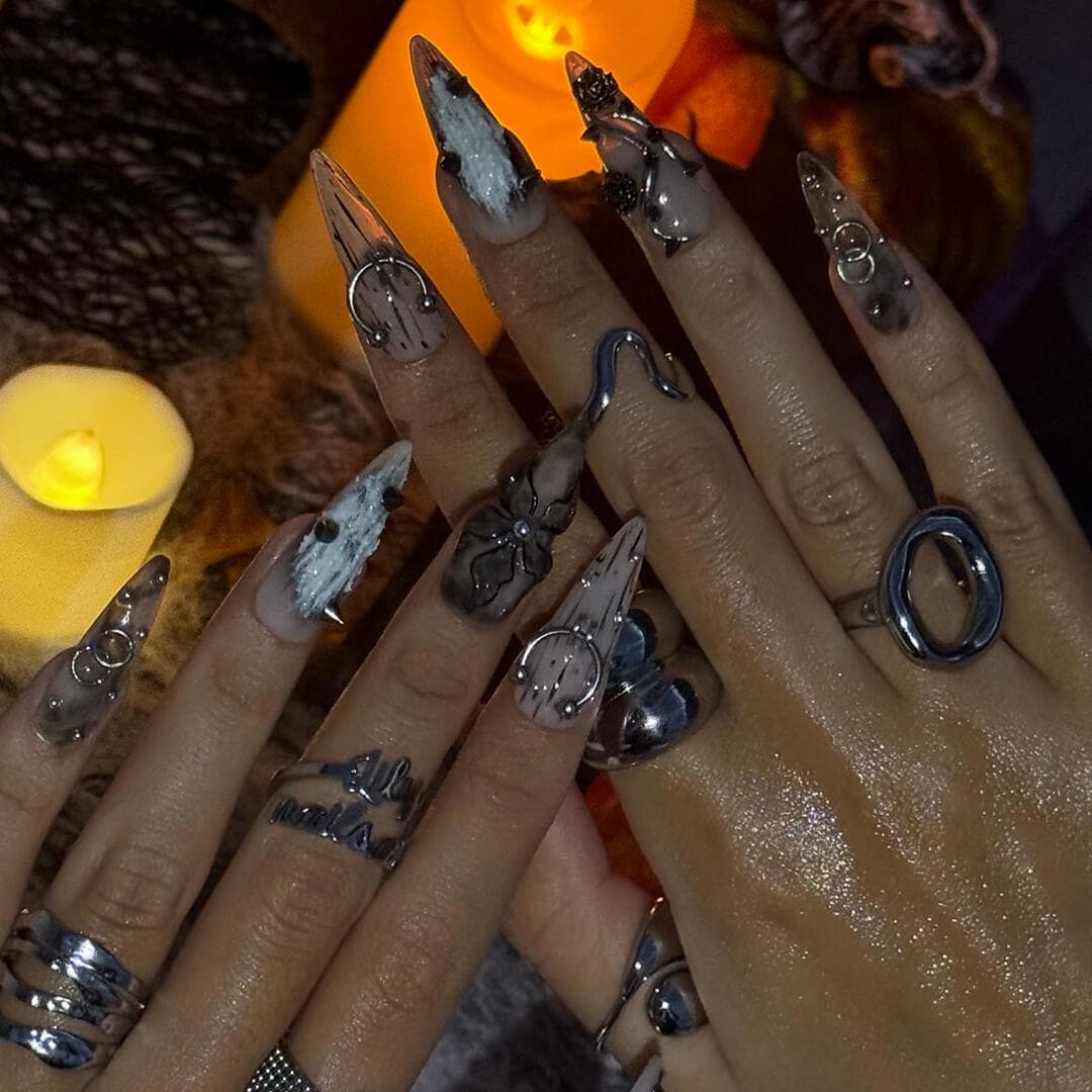 Halloween Gothic Press On Nails With Black Roses And Spikes | Long Almond Fake Nails in Gray & Silver | Spooky Handmade 3D Nail Art