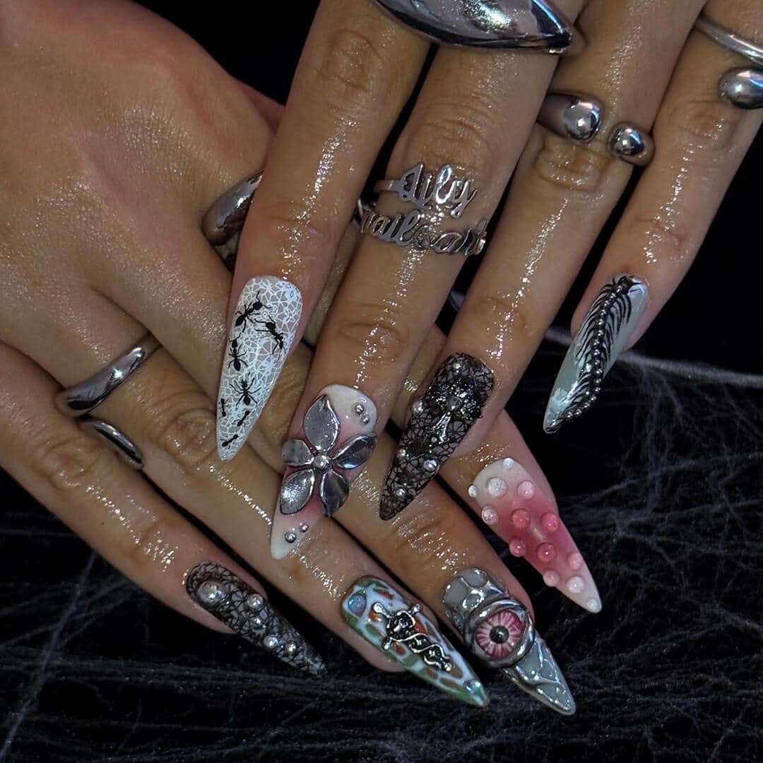 Halloween Gothic Press On Nails With Eyeball, Ants & Spider Web | Long Almond Fake Nails | Spooky Handmade 3D Nail Art for Costumes, Parties
