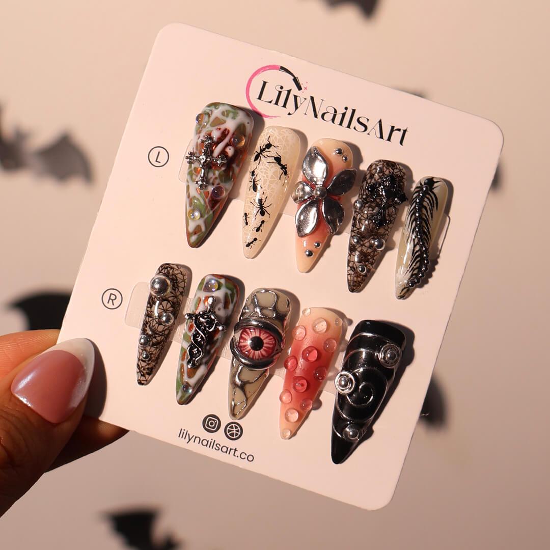 Halloween Gothic Press On Nails With Eyeball, Ants & Spider Web | Long Almond Fake Nails | Spooky Handmade 3D Nail Art for Costumes, Parties