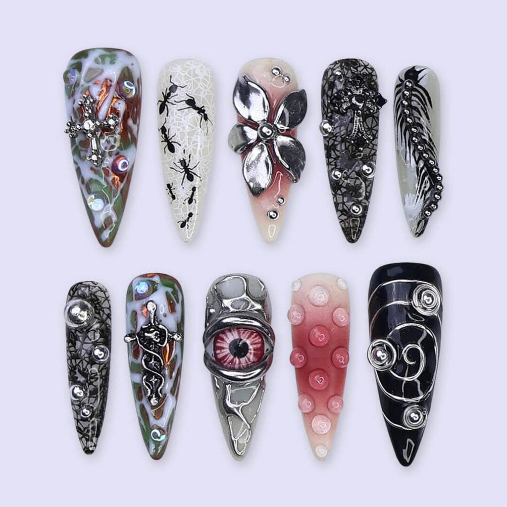Halloween Gothic Press On Nails With Eyeball, Ants & Spider Web | Long Almond Fake Nails | Spooky Handmade 3D Nail Art for Costumes, Parties