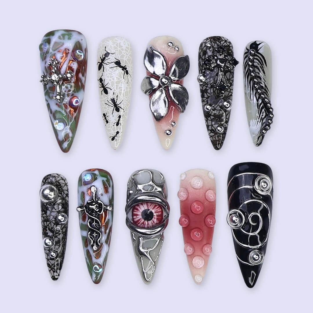 Halloween Gothic Press On Nails With Eyeball, Ants & Spider Web | Long Almond Fake Nails | Spooky Handmade 3D Nail Art for Costumes, Parties