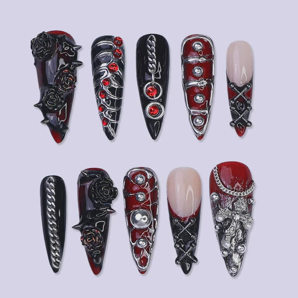 Gothic Vampire Press On Nails With Chains, Roses & Red Gems | Long Almond Fake Nails | Spooky Handmade Nail Art for Halloween Or Cosplay