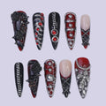Gothic Vampire Press On Nails With Chains, Roses & Red Gems | Long Almond Fake Nails | Spooky Handmade Nail Art for Halloween Or Cosplay