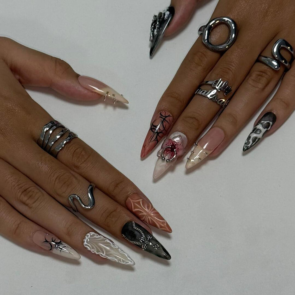 Halloween Gothic Press On Nails With Angel And Orchid | Long Almond Fake Nails With Cross | Spooky Handmade 3D Nail Art for Costumes, Party