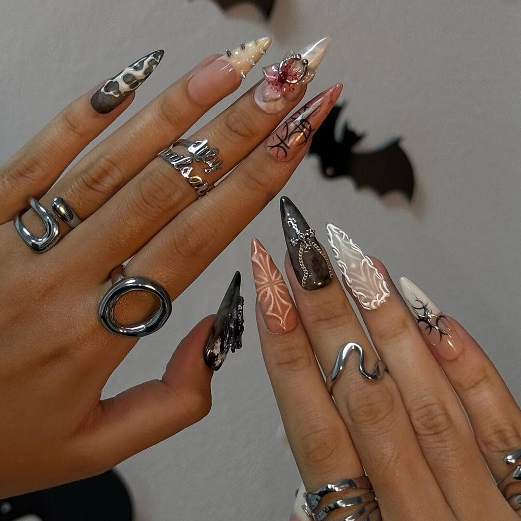 Halloween Gothic Press On Nails With Angel And Orchid | Long Almond Fake Nails With Cross | Spooky Handmade 3D Nail Art for Costumes, Party