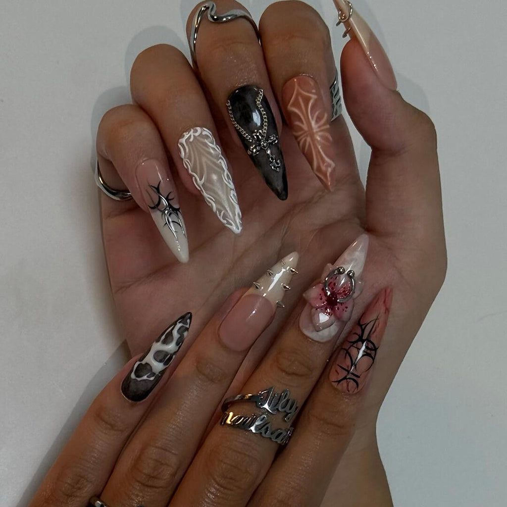 Halloween Gothic Press On Nails With Angel And Orchid | Long Almond Fake Nails With Cross | Spooky Handmade 3D Nail Art for Costumes, Party
