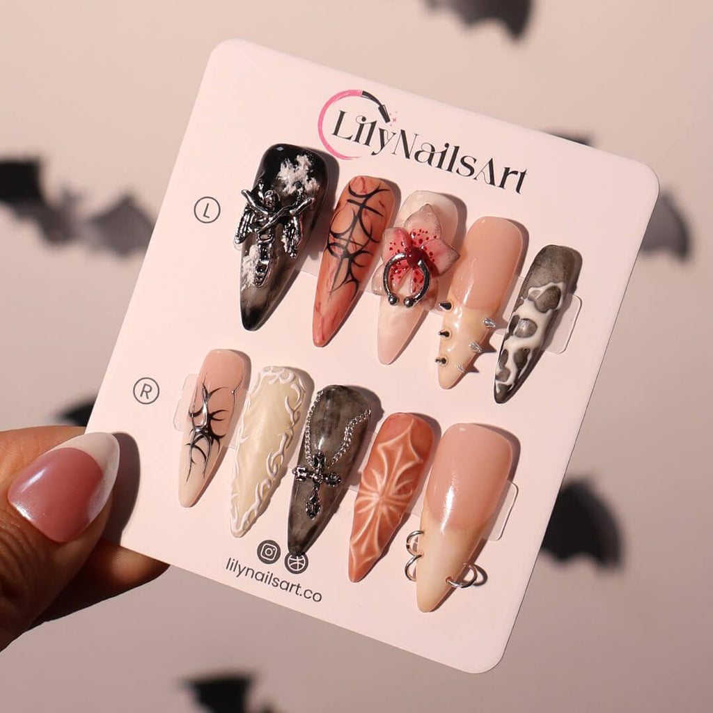 Halloween Gothic Press On Nails With Angel And Orchid | Long Almond Fake Nails With Cross | Spooky Handmade 3D Nail Art for Costumes, Party