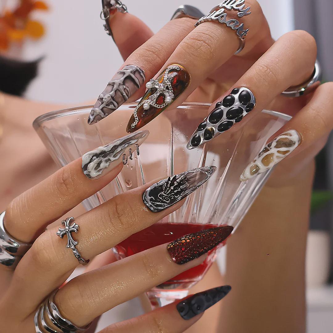 Halloween Gothic Press On Nails With Snake Charms & Metallic Bones | Fake Nails in Long Almond | Handmade Nail Art for Party, Costumes