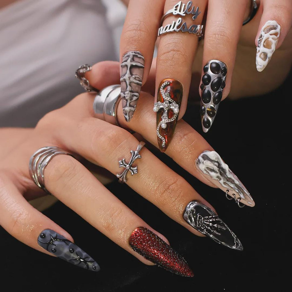 Halloween Gothic Press On Nails With Snake Charms & Metallic Bones | Fake Nails in Long Almond | Handmade Nail Art for Party, Costumes