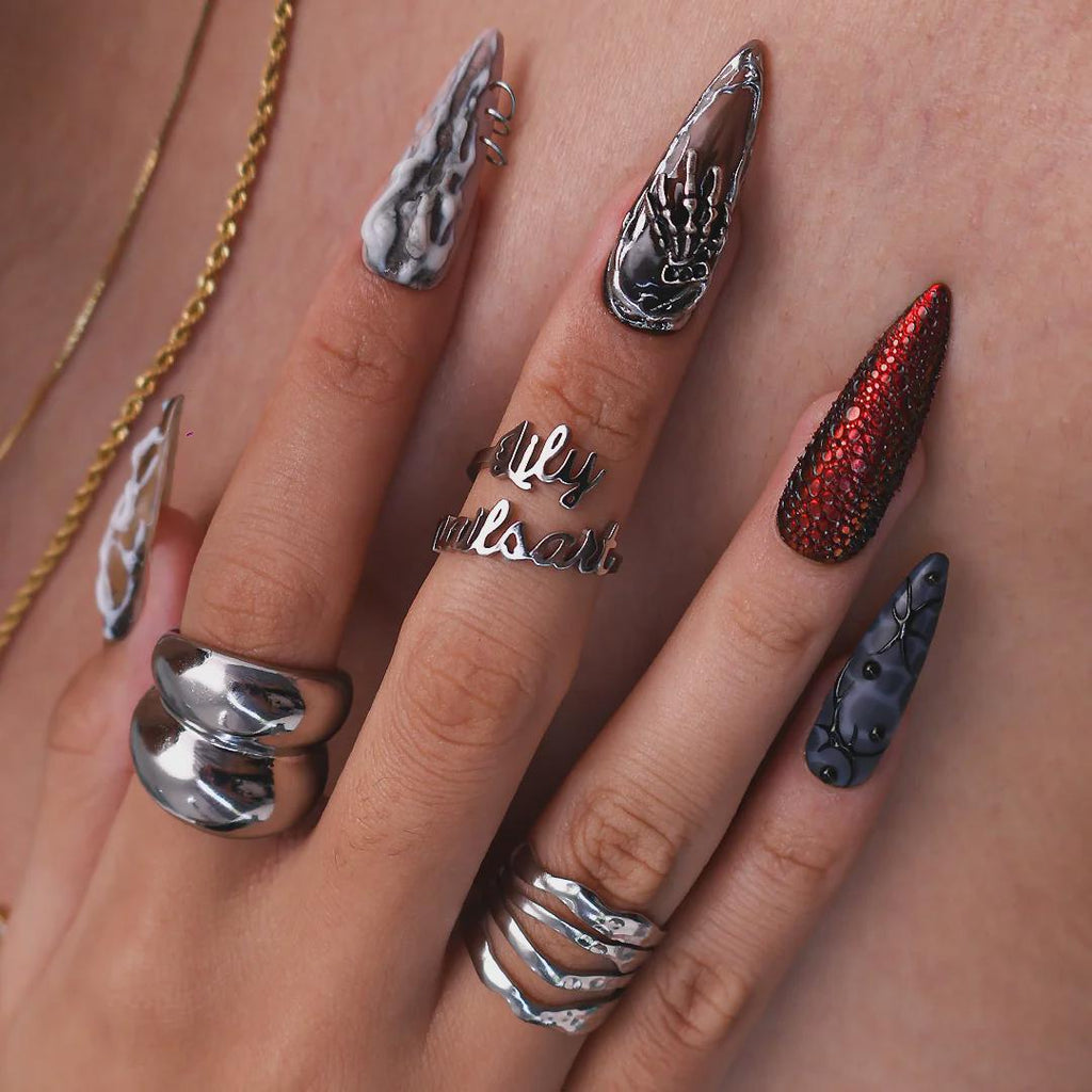 Halloween Gothic Press On Nails With Snake Charms & Metallic Bones | Fake Nails in Long Almond | Handmade Nail Art for Party, Costumes