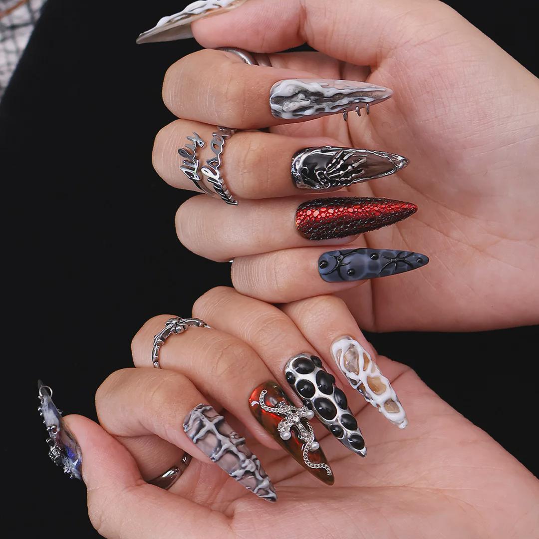 Halloween Gothic Press On Nails With Snake Charms & Metallic Bones | Fake Nails in Long Almond | Handmade Nail Art for Party, Costumes