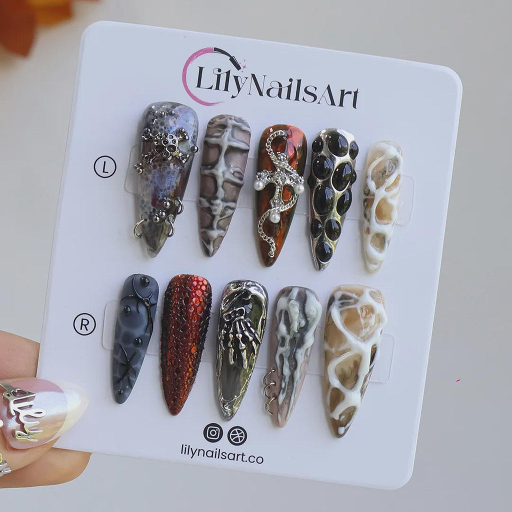 Halloween Gothic Press On Nails With Snake Charms & Metallic Bones | Fake Nails in Long Almond | Handmade Nail Art for Party, Costumes