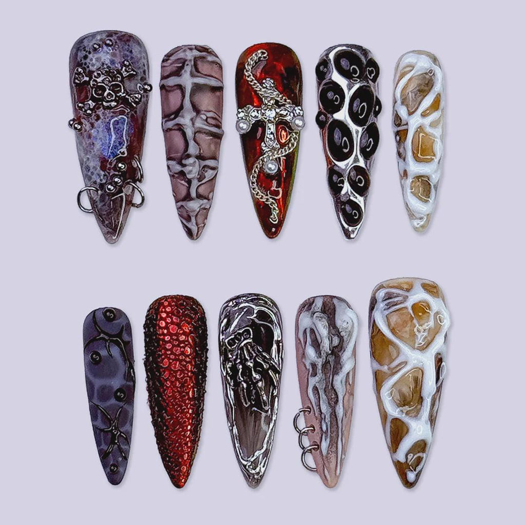 Halloween Gothic Press On Nails With Snake Charms & Metallic Bones | Fake Nails in Long Almond | Handmade Nail Art for Party, Costumes