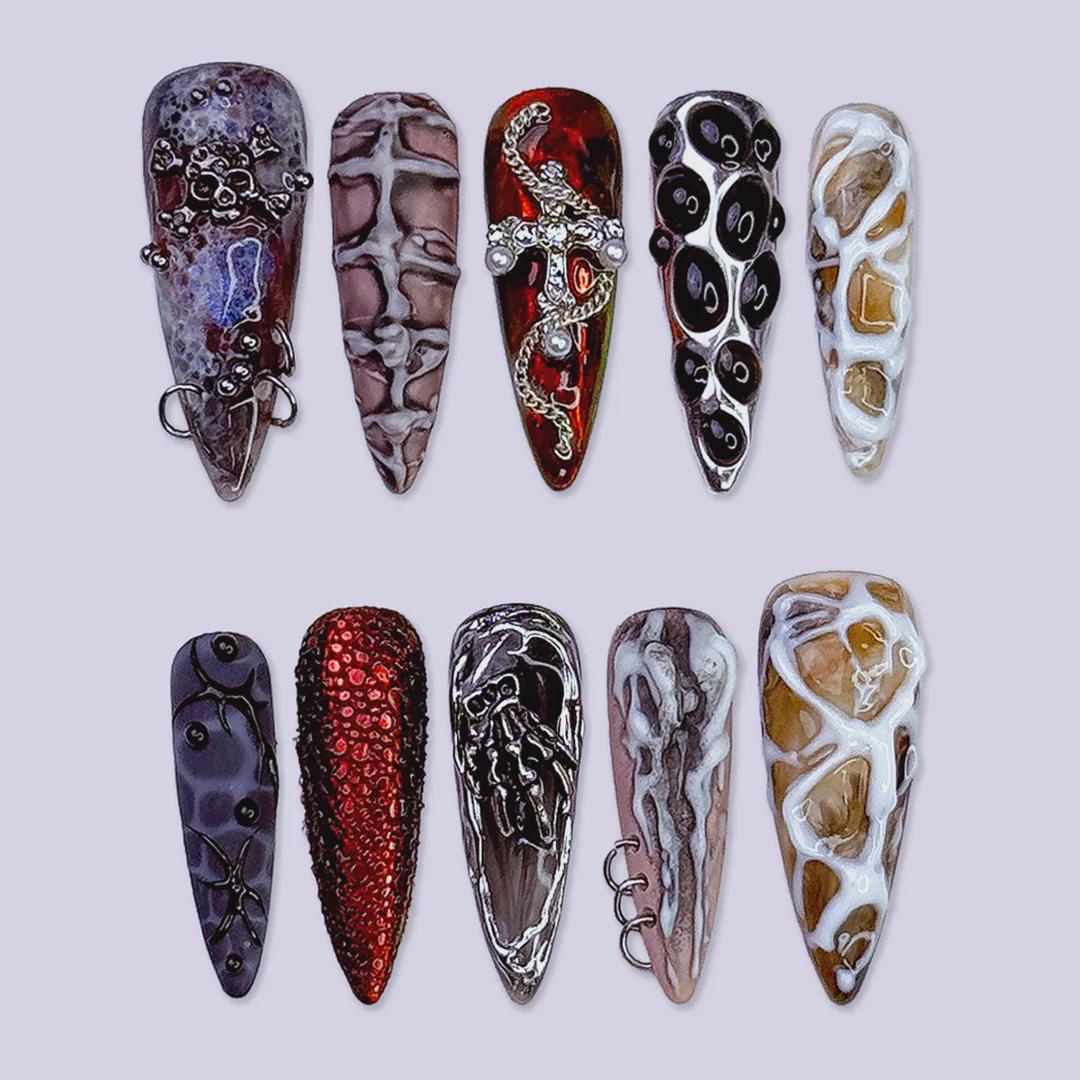 Halloween Gothic Press On Nails With Snake Charms & Metallic Bones | Fake Nails in Long Almond | Handmade Nail Art for Party, Costumes