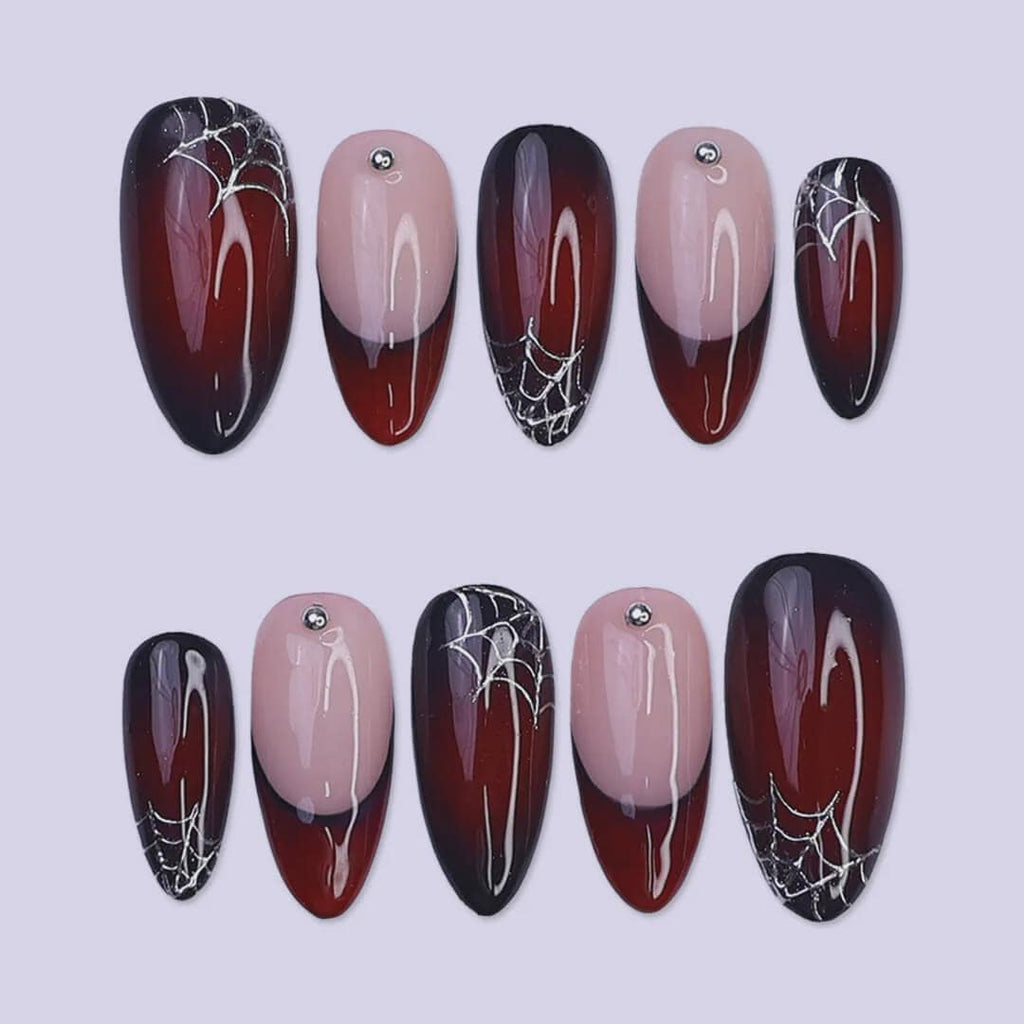 Halloween Press On Nails With Silver Web & Red Ombre | French Tip Fake Nails in Medium Almond | Handmade Nail Art for Party Or Birthday