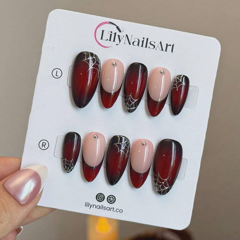 Halloween Press On Nails With Silver Web & Red Ombre | French Tip Fake Nails in Medium Almond | Handmade Nail Art for Party Or Birthday