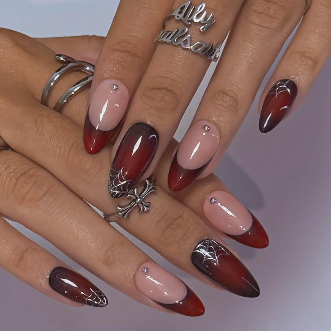 Halloween Press On Nails With Silver Web & Red Ombre | French Tip Fake Nails in Medium Almond | Handmade Nail Art for Party Or Birthday
