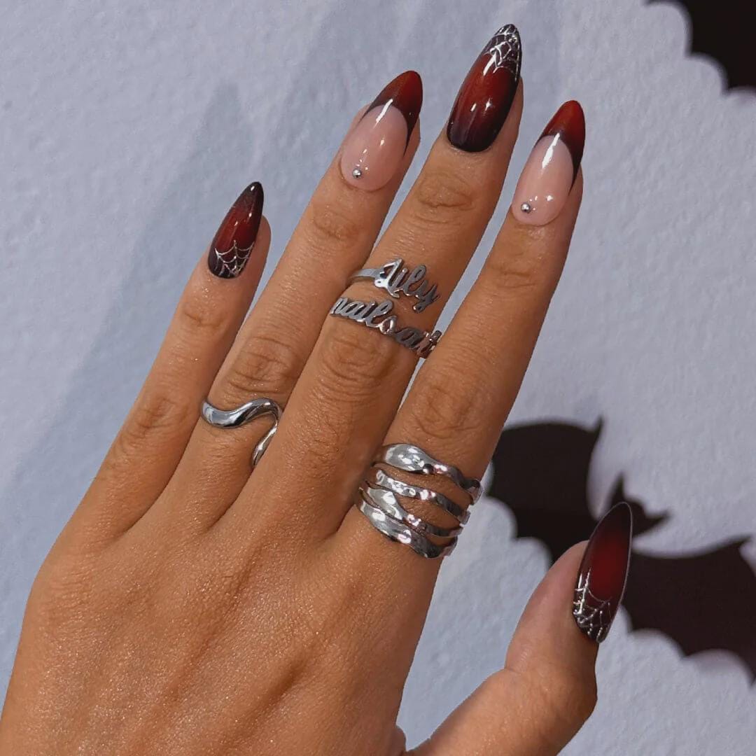 Halloween Press On Nails With Silver Web & Red Ombre | French Tip Fake Nails in Medium Almond | Handmade Nail Art for Party Or Birthday