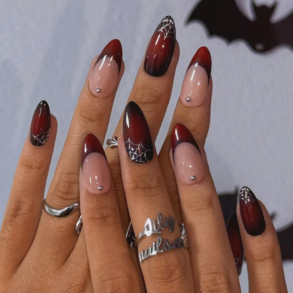 Halloween Press On Nails With Silver Web & Red Ombre | French Tip Fake Nails in Medium Almond | Handmade Nail Art for Party Or Birthday