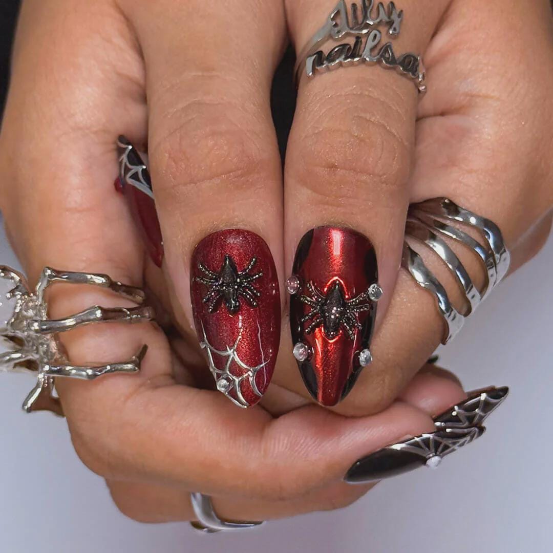 Halloween Press On Nails with 3D Black Spider on Silver & Red Web | Gothic Fake Nails in Medium Almond | Handmade Nail Art for Costume Party