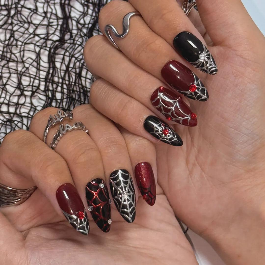 Halloween Press On Nails with 3D Black Spider on Silver & Red Web | Gothic Fake Nails in Medium Almond | Handmade Nail Art for Costume Party