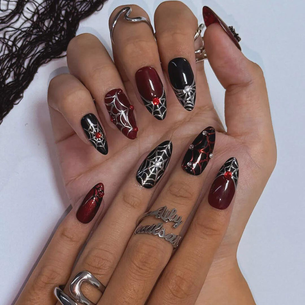 Halloween Press On Nails with 3D Black Spider on Silver & Red Web | Gothic Fake Nails in Medium Almond | Handmade Nail Art for Costume Party