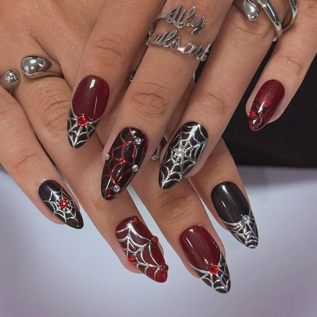 Halloween Press On Nails with 3D Black Spider on Silver & Red Web | Gothic Fake Nails in Medium Almond | Handmade Nail Art for Costume Party