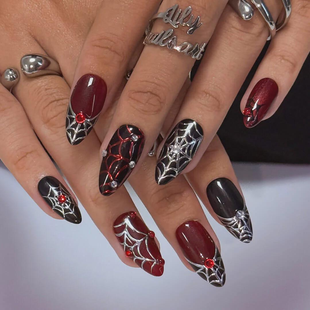 Halloween Press On Nails with 3D Black Spider on Silver & Red Web | Gothic Fake Nails in Medium Almond | Handmade Nail Art for Costume Party