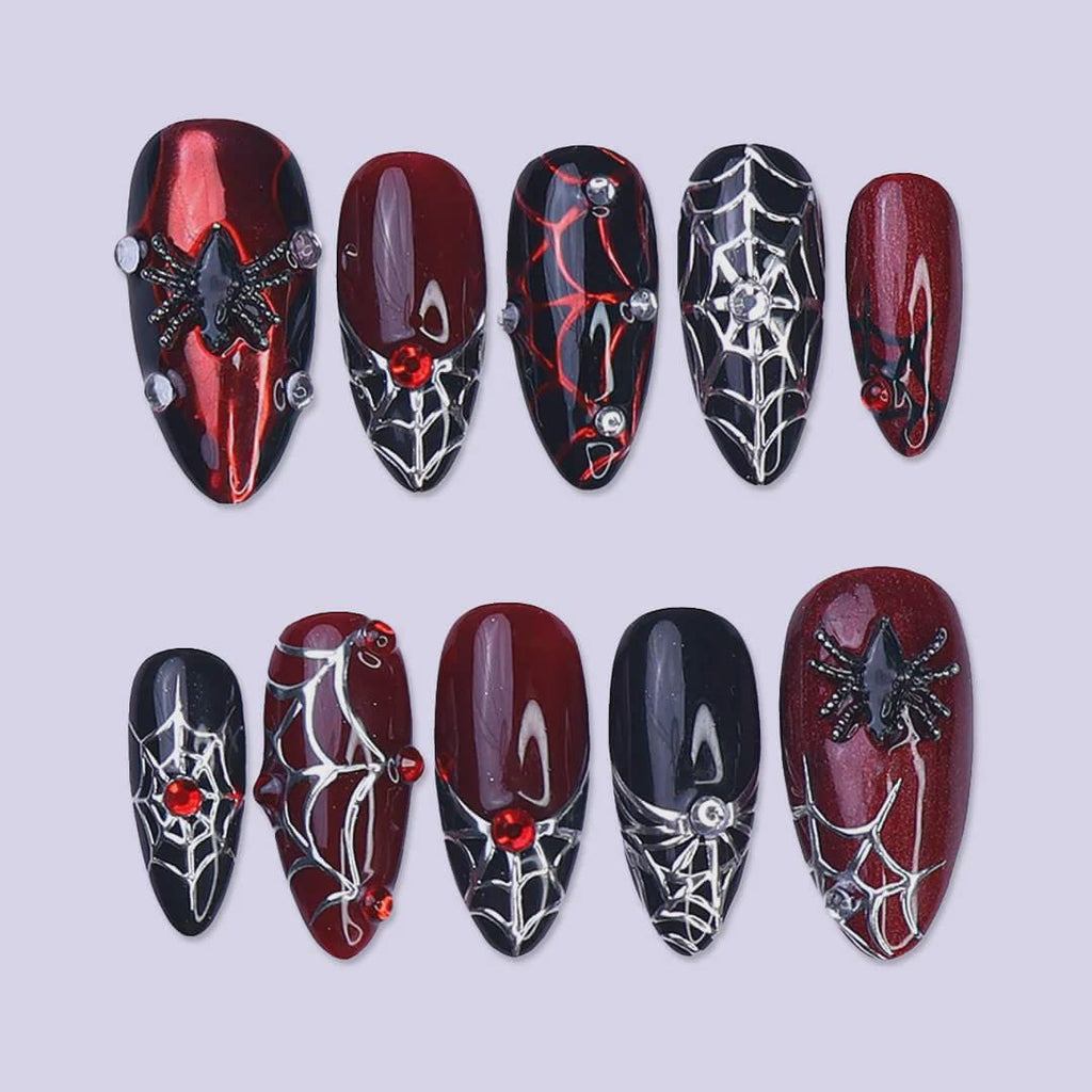 Halloween Press On Nails with 3D Black Spider on Silver & Red Web | Gothic Fake Nails in Medium Almond | Handmade Nail Art for Costume Party