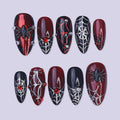 Halloween Press On Nails with 3D Black Spider on Silver & Red Web | Gothic Fake Nails in Medium Almond | Handmade Nail Art for Costume Party