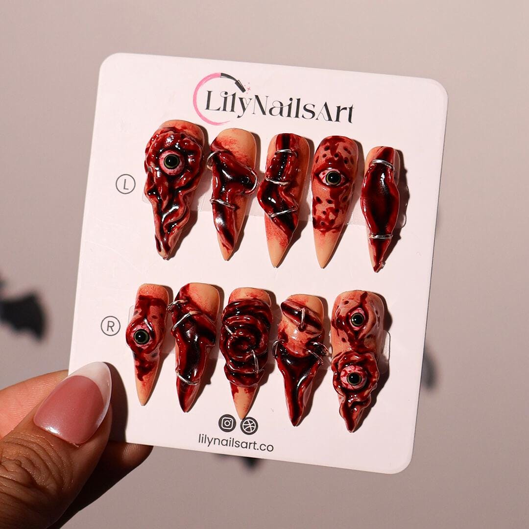 Halloween Horror Press On Nails With 3D Eyes, Stitches | Fake Nails in Long Stiletto | Spooky Handmade Nail Art for Parties, Costumes