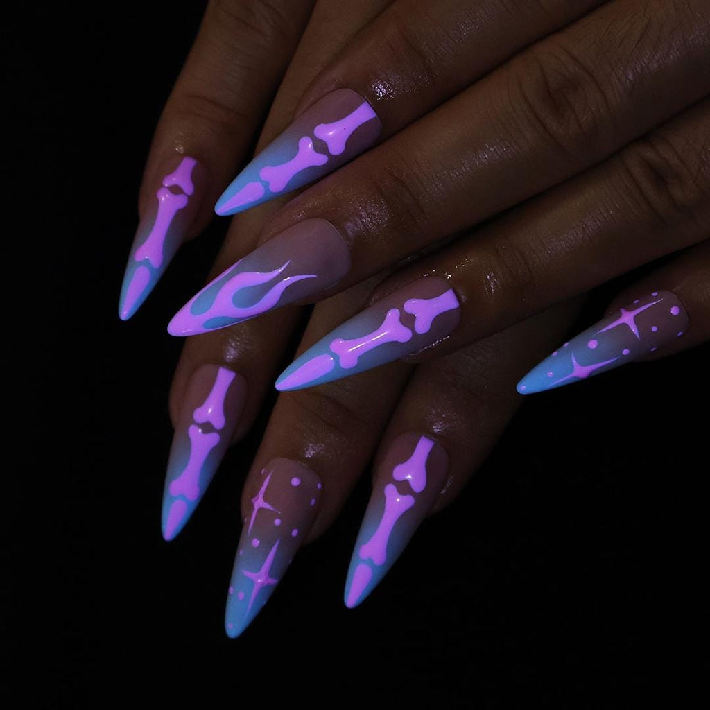 Pink Skeleton Press On Nails With Bones & Stars | Long Almond Fake Nail | Gothic Spooky Handmade Nail Art for Halloween Costumes And Parties