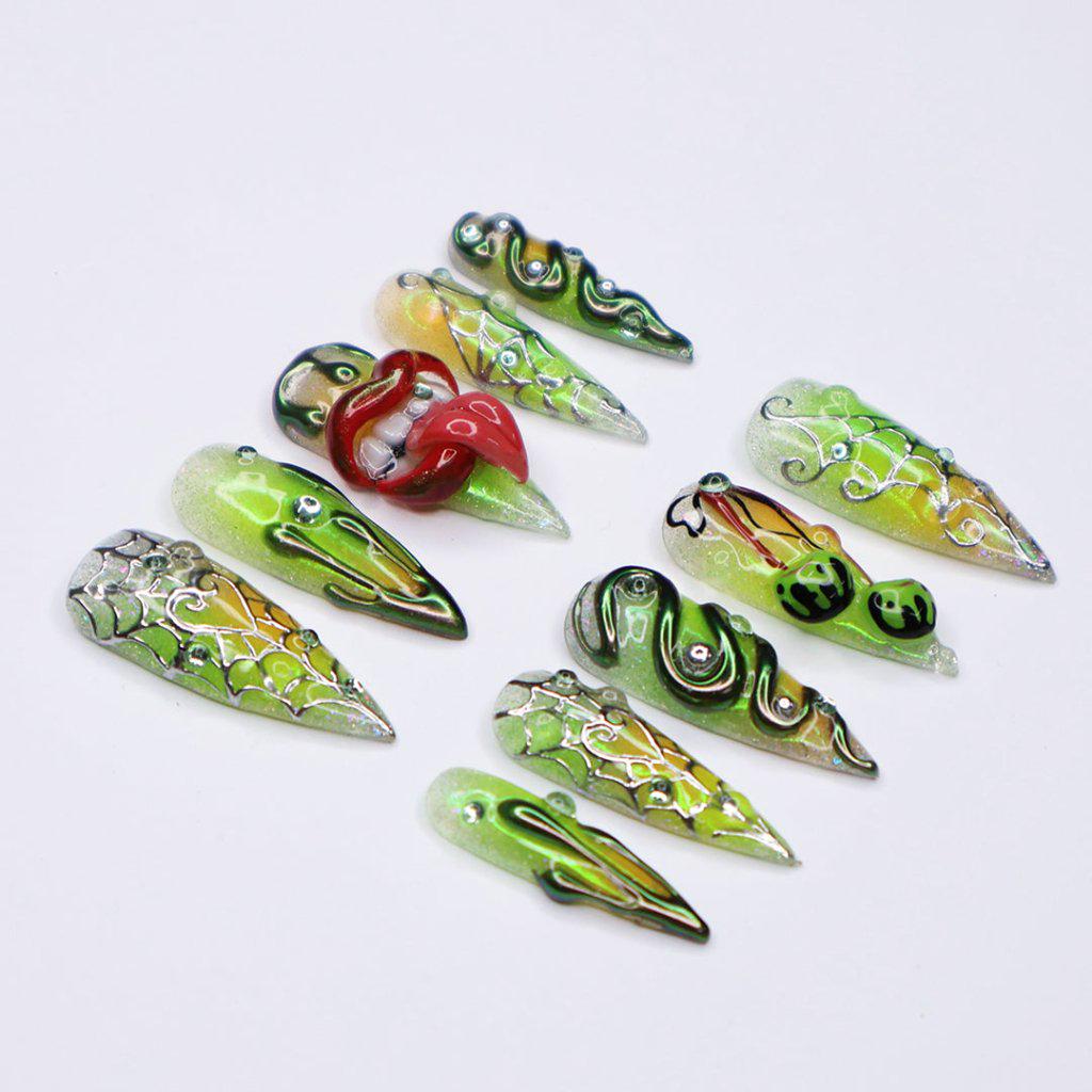 Halloween 3D Press On Nails With Lips, Snake & Green Cherries | Long Stiletto Fake Nails | Spooky Handmade Gothic Nail Art for Costumes