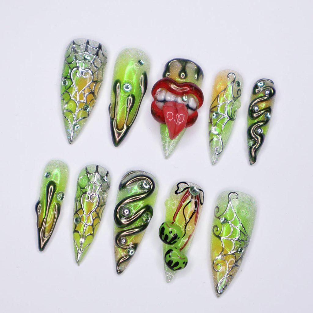 Halloween 3D Press On Nails With Lips, Snake & Green Cherries | Long Stiletto Fake Nails | Spooky Handmade Gothic Nail Art for Costumes