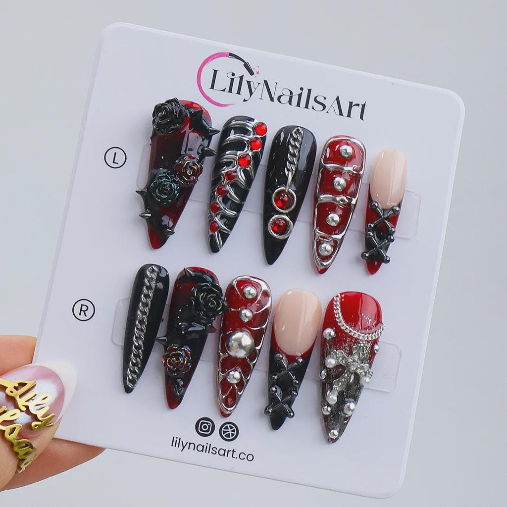 Gothic Vampire Press On Nails With Chains, Roses & Red Gems | Long Almond Fake Nails | Spooky Handmade Nail Art for Halloween Or Cosplay