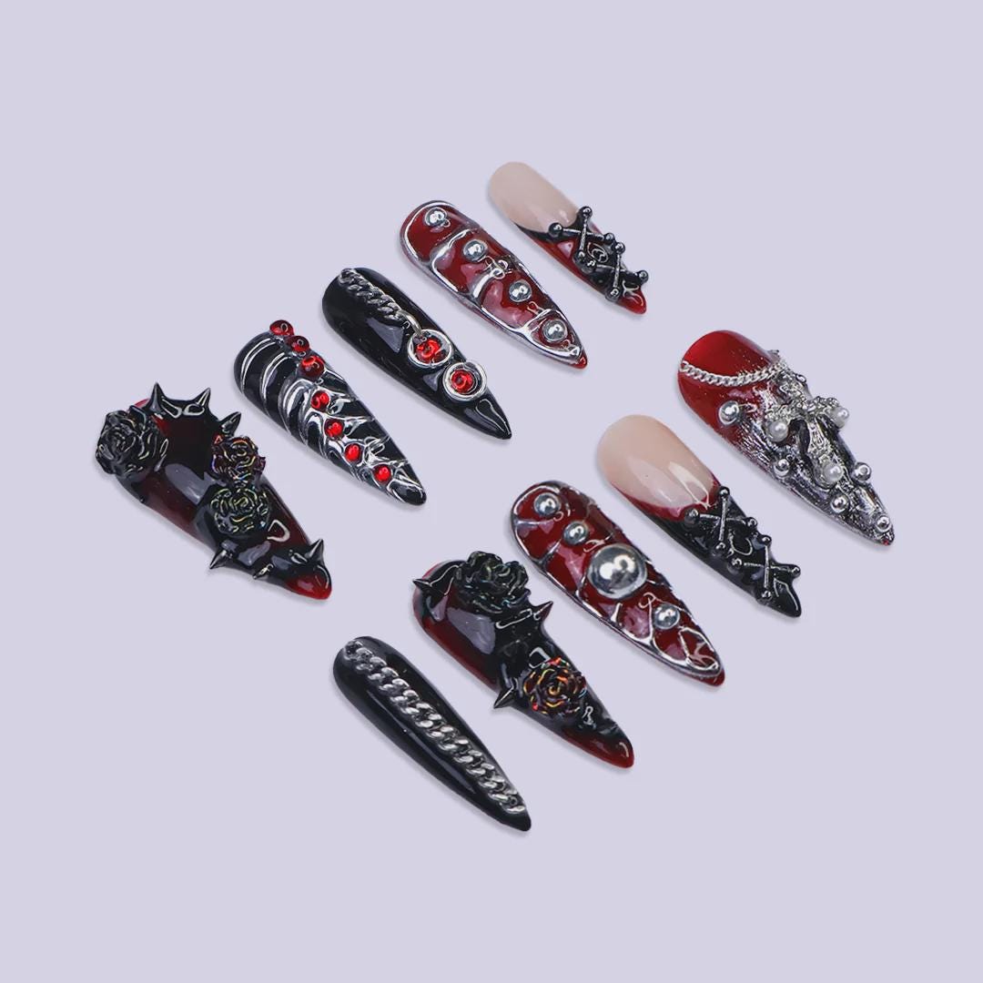 Gothic Vampire Press On Nails With Chains, Roses & Red Gems | Long Almond Fake Nails | Spooky Handmade Nail Art for Halloween Or Cosplay