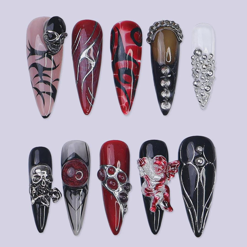 Press On Nails Skull Art with Angel Charm | 3D Fake Nails in Long Almond | Handmade Gothic Silver & Black for Holiday, Vacation, Birthday